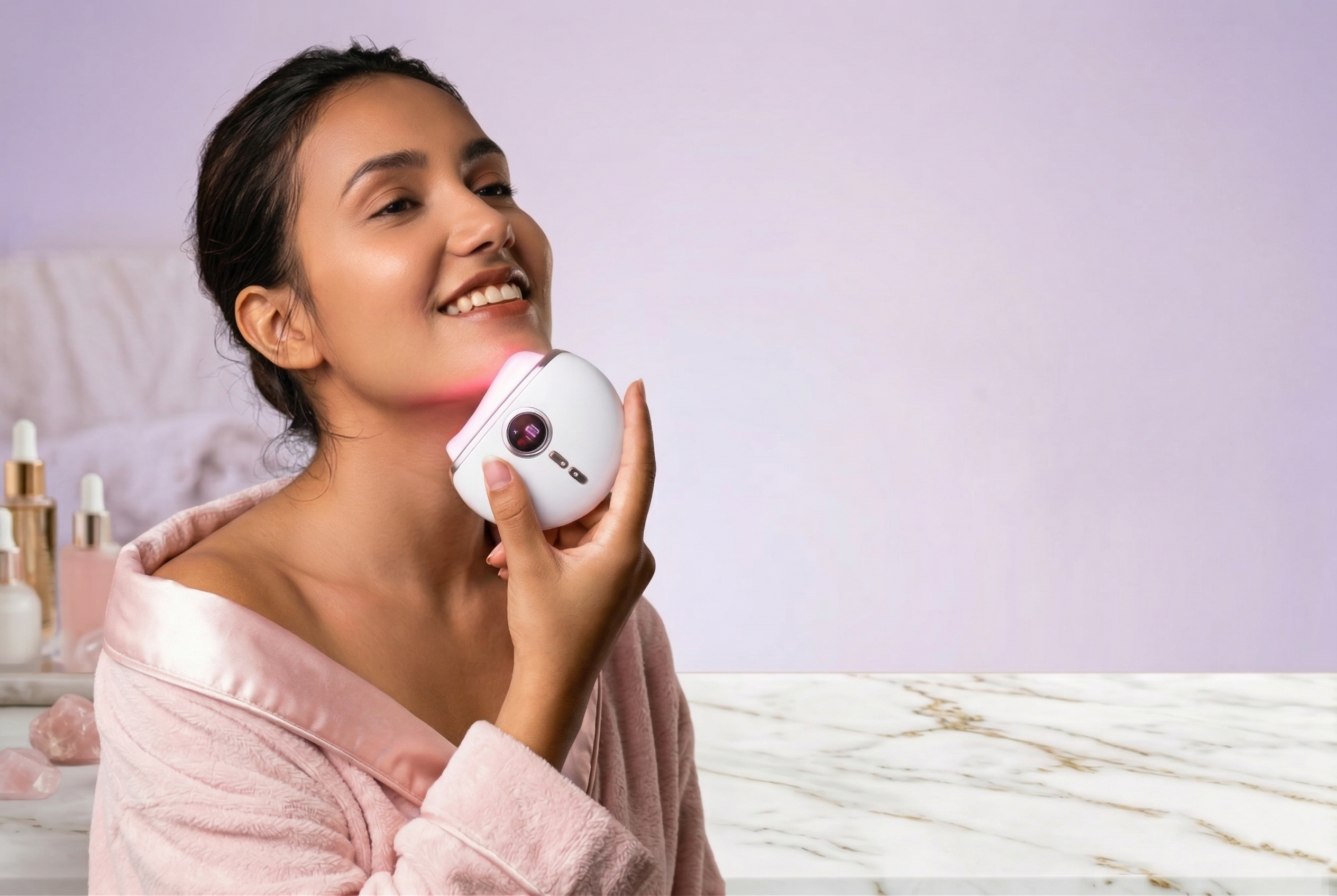 Woman using an electric gua sha on her face with a neutral background
